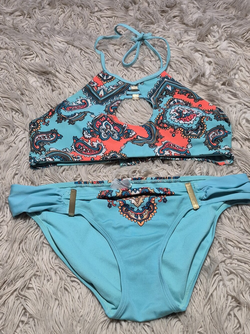 La Vie En Rose Turquoise Paisley Swim Set with Coral and Navy Accents